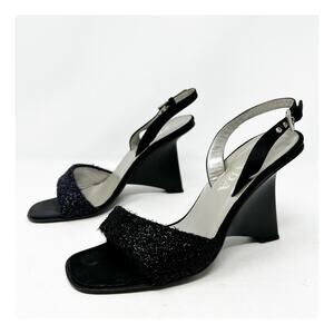 Prada Vintage Black Slingback Wedge Sandals Womens Size 38
